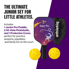 Athletiq JuniorPro Series Pickleball Paddle with 2 Balls & 1 Cover - Purple
